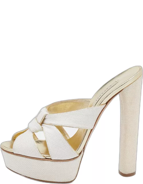 Casadei White/Gold Woven Straw and Leather Platform Sandal
