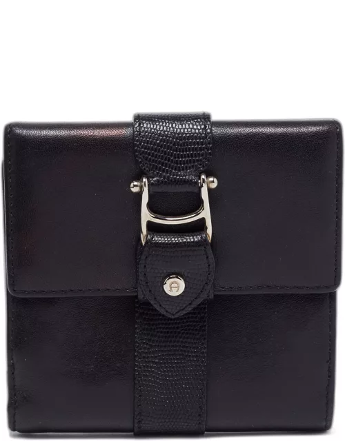 Aigner Black Leather Trifold Compact Wallet