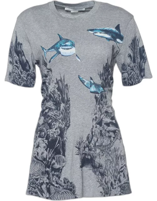 Stella McCartney Grey Shark Print Melange Cotton Crew Neck T-Shirt