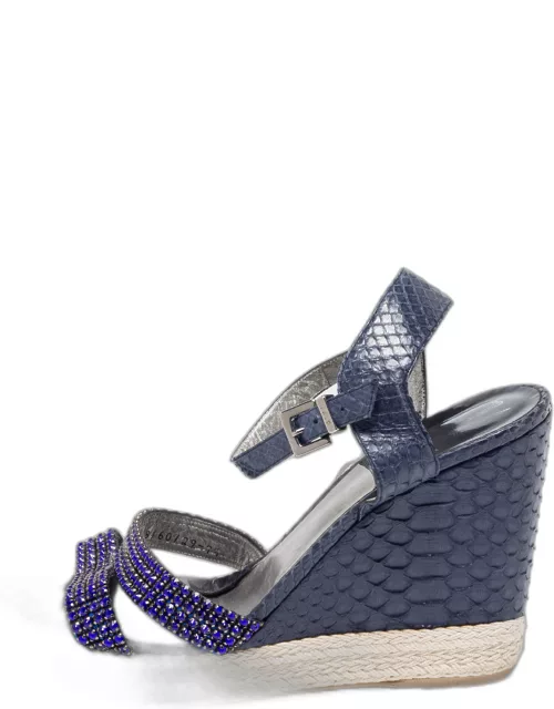Gina Navy Blue Python Leather Crystal Embellished Wedge Platform Ankle-Strap Sandal