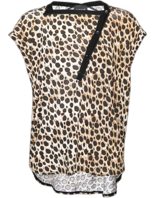 Just Cavalli Brown Leopard Printed Jersey Asymmetric Button Front Top