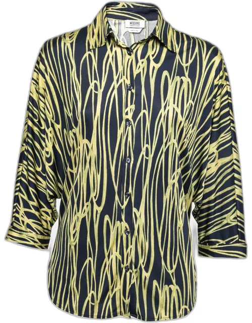 Moschino Cheap and Chic Navy Blue and Yellow Printed Jersey Dolman Sleeve Shirt