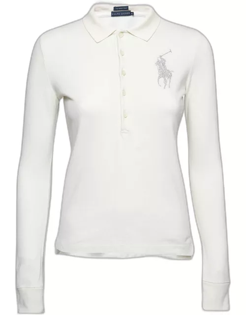 Ralph Lauren Cream Cotton Pique Logo Embellished Skinny Polo T-Shirt