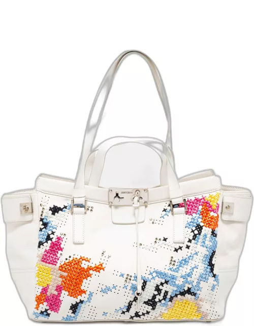Jimmy Choo White Cross Stitched/Embellished Leather Tote