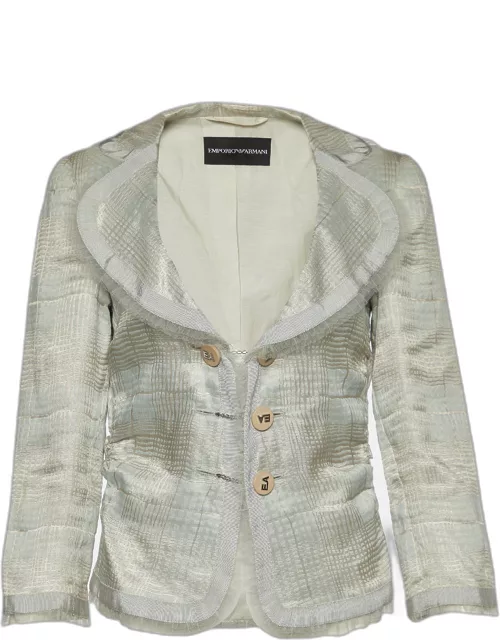 Emporio Armani Grey Checked Linen Blend Ruffle Detail Jacket
