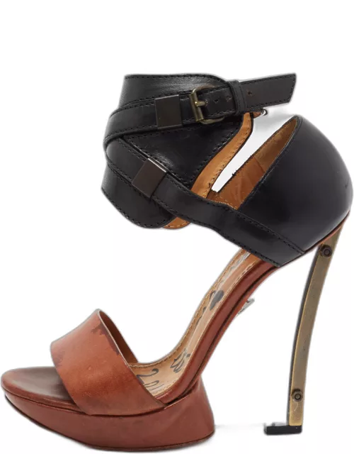 Lanvin Black/Brown Leather Ankle Strap Wedge Sandal