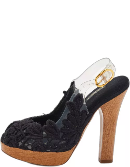 Dolce & Gabbana Black Raffia And PVC Peep-Toe Platform Slingback Sandal