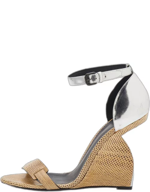 Bottega Veneta Cream/Silver Iguana And Leather Wedge Ankle Strap Sandal