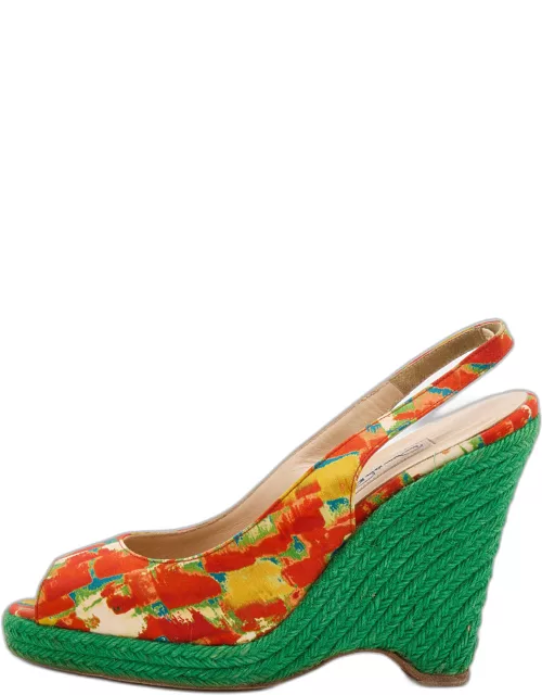Oscar de la Renta Multicolor Fabric Espadrille Platform Wedge Peep-Toe Slingback Sandal