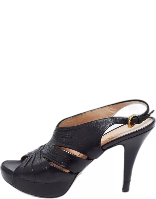 Prada Black Leather Strappy Open Toe Slingback Platform Sandal