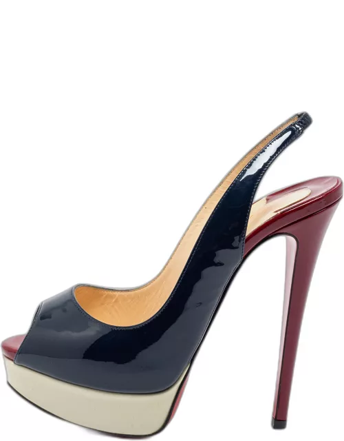 Christian Louboutin Tricolor Patent Leather Lady Peep-Toe Platform Slingback Sandal