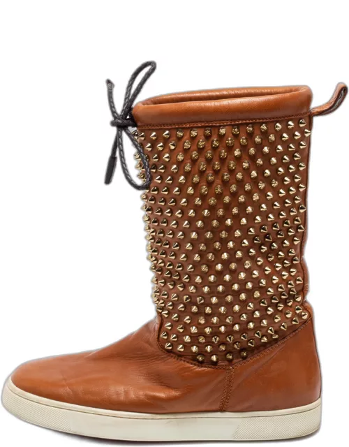 Christian Louboutin Brown Spiked Leather Surlapony Mid Calf Boot