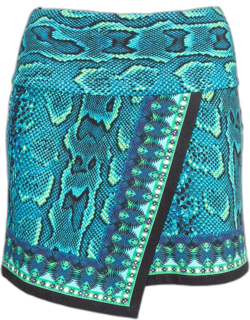 Roberto Cavalli Blue Snake Print Jersey Asymmetrical Mini Skirt
