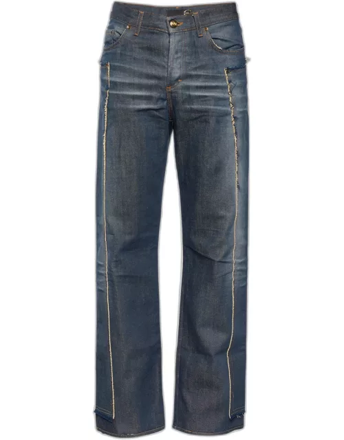 Just Cavalli Vintage Indigo Distressed Denim Straight Fit Jeans M/Waist: 32"