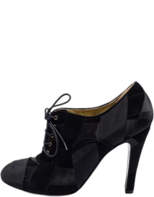 Chanel Black Suede and Satin Patchwork Lace-Up CC Cap Toe Ankle Bootie
