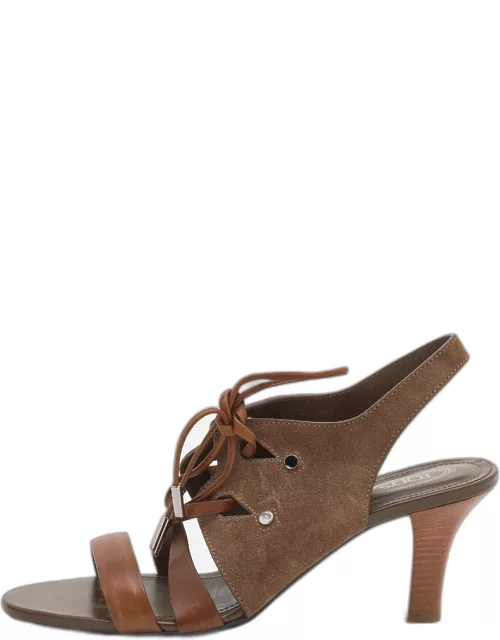 Tod's Brown Leather and Suede Lace Up Slingback Sandal