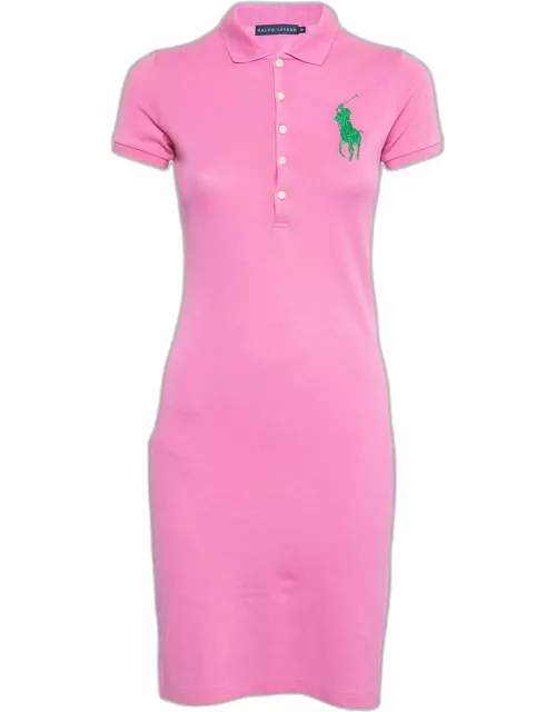 Ralph Lauren Pink Logo Embroidered Cotton Pique Short Sleeve Dress