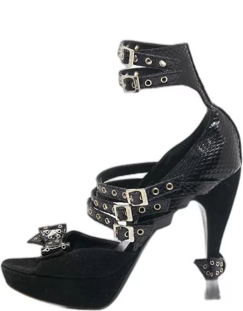 Dior Black Snakeskin And Suede Strappy Eyelet Bow Platform Sandal