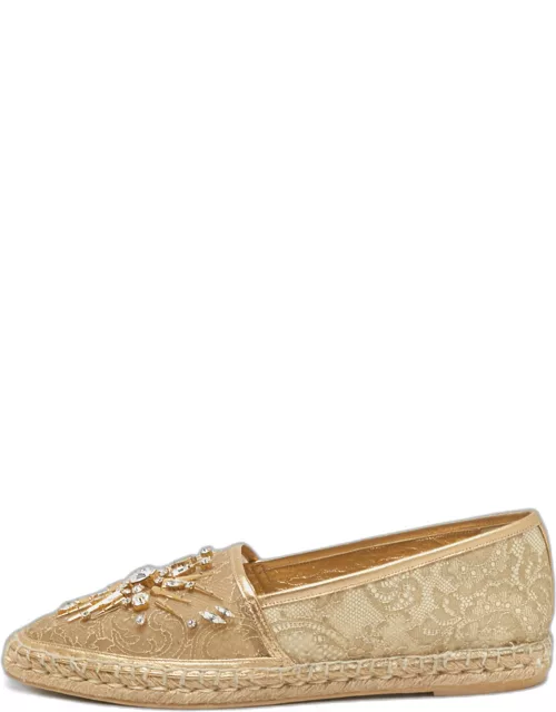 René Caovilla Metallic Gold Lace And Leather Crystal Embellished Espadrille Flat