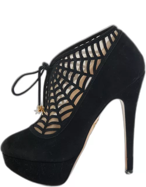 Charlotte Olympia Black Suede and Mesh Minerva Web Ankle Bootie