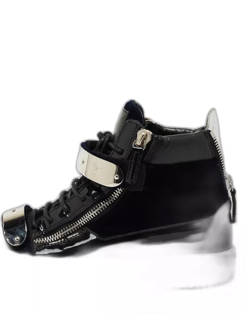 Giuseppe Zanotti Navy Blue/Black Velvet and Patent Leather Coby High-Top Sneaker