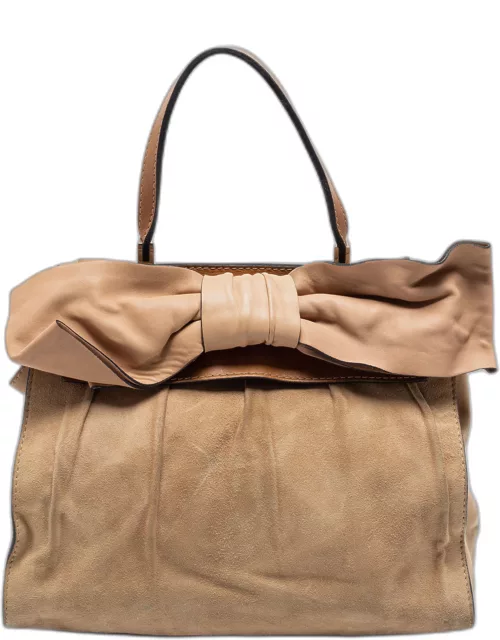 Valentino Beige/Brown Suede and Leather Aphrodite Bow Top Handle Bag