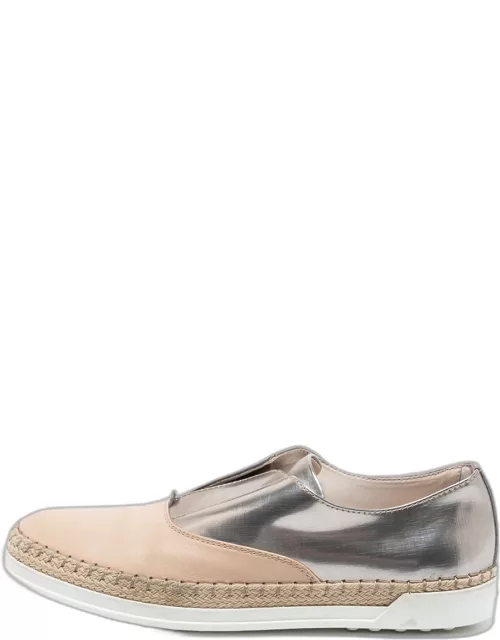 Tod's Silver and Beige Patent and Leather Francesina Slip On Espadrille Sneaker
