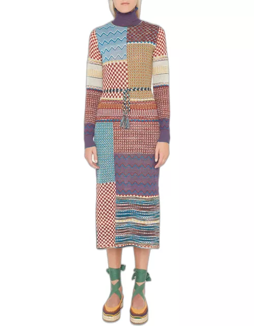Almira Masque Patchwork Jacquard Knit Midi Dress with Belt
