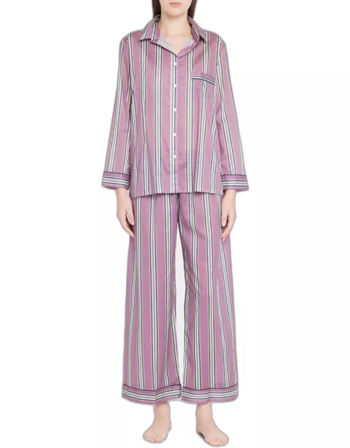 Striped Long-Sleeve Pajama Set w/ Contrast Piping