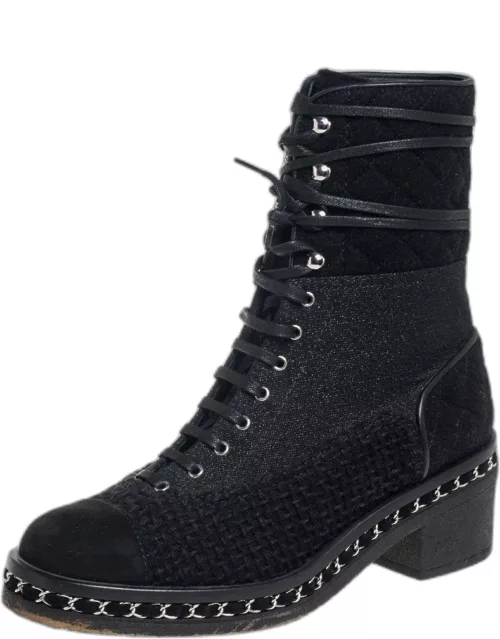 Chanel Black Tweed And Suede Combat Boot