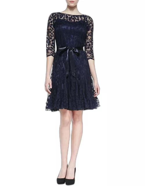 3/4-Sleeve Lace Overlay Cocktail Dres