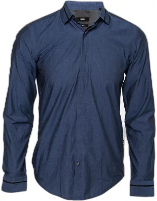 Boss By Hugo Boss Blue Cotton Slim-Fit Button Front Shirt