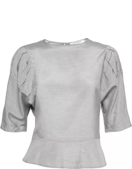 Yves Saint Laurent Grey Silk & Cotton Round Neck Top