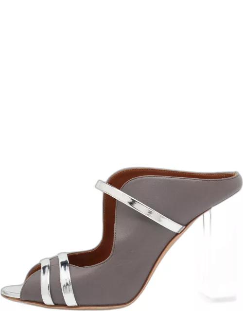 Malone Souliers Grey/Silver Leather And Patent Leather Maureen Open Toe Block Heel Mule