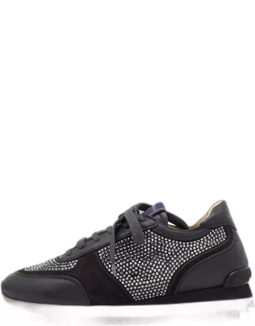 Le Silla Dark Grey Suede And Leather Crystal Embellished Low Top Sneaker