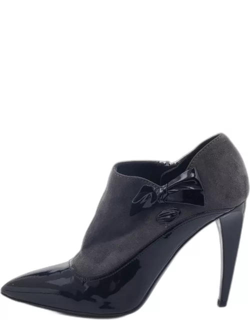 Miu Miu Grey/Black Patent Leather and Suede Bow Ankle Bootie