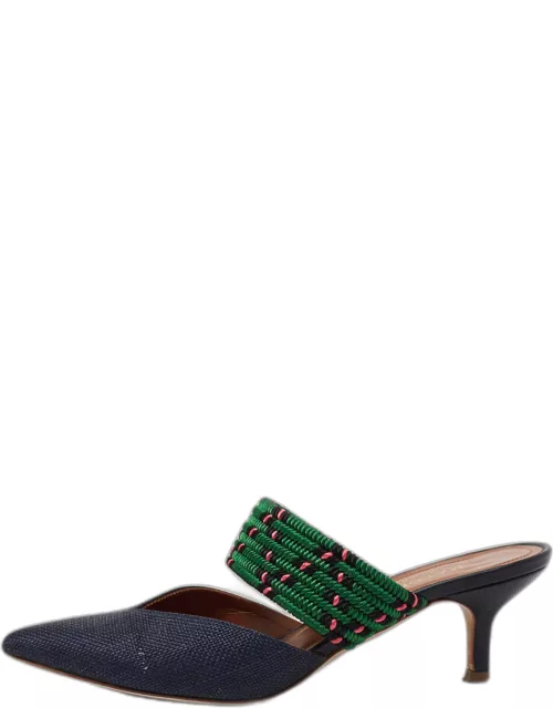 Malone Souliers Navy Blue/Green Straw and Fabric Maisie Mule