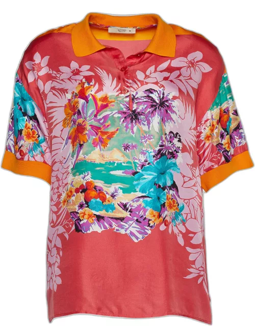 Etro Pink Floral Print Silk Polo Shirt