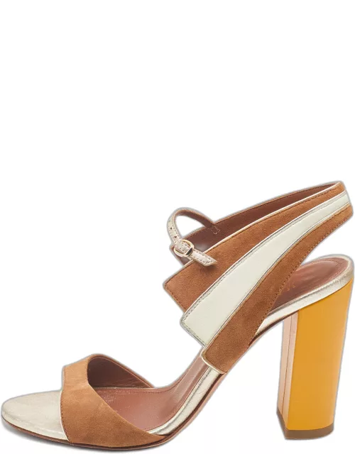 Malone Souliers Brown/Cream Leather And Suede Block Heel Ankle Strap Sandal