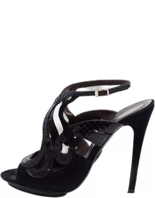 Roberto Cavalli Black Snakeskin Embossed Leather and Suede Ankle Strap Sandal