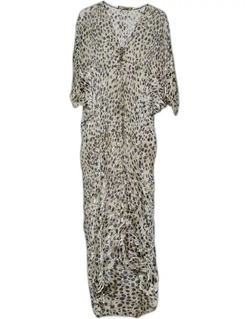 Roberto Cavalli Beige Animal Printed Velour Sheer Kaftan Maxi Dress