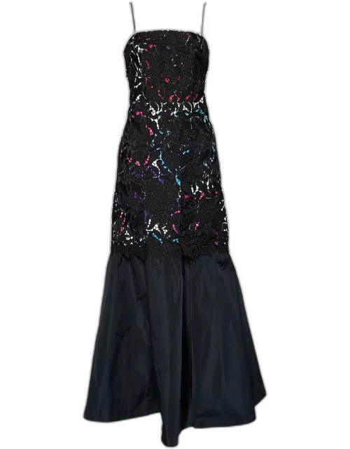 Emporio Armani Black Printed Satin & Lace Overlay Maxi Dress