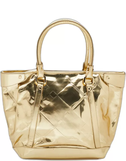 Burberry Metallic Gold Beat Check Mirror Patent Leather Ember Tote