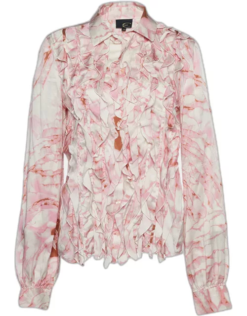 Just Cavalli Pink Printed Satin Silk Ruffle Shirt