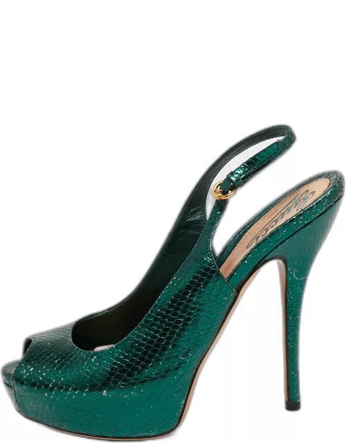 Gucci Metallic Green Snakeskin Embossed Leather Sofia Platform Slingback Sandal