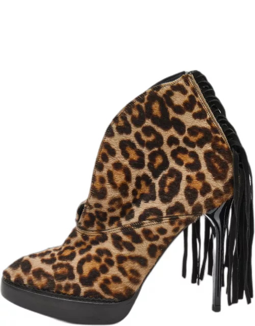 Burberry Beige/Brown Leopard Print Calf Hair Fringe Ankle Boot