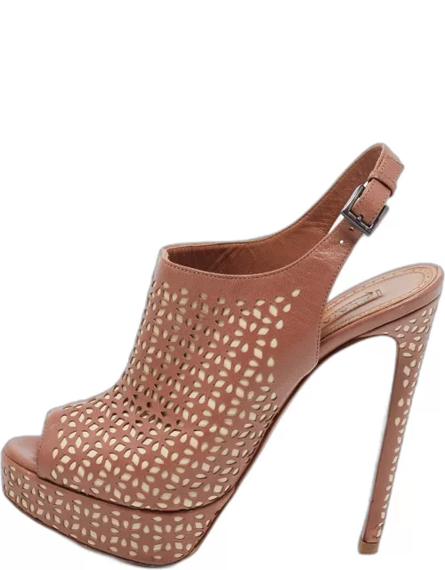 Alaia Brown/Beige Leather Peep Toe Ankle Strap Sandal