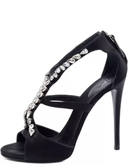 Giuseppe Zanotti Black Satin Crystal Embellished Strappy Sandal