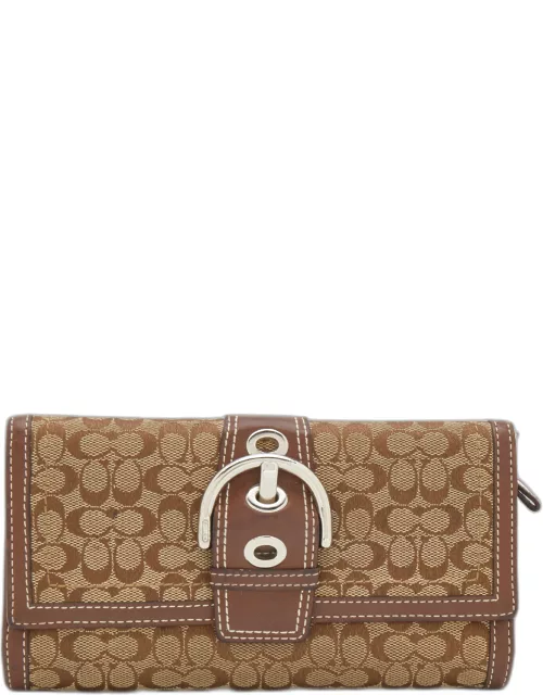 Coach Beige/Brown Signature Canvas and Leather Buckle Detail Continental Wallet