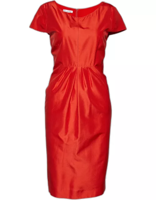 Oscar de la Renta Orange Silk Pleated Detail Midi Dress